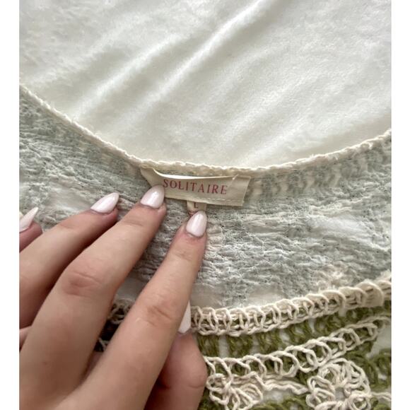 Anthropologie Solitaire Floral Green and White Puff Sleeve Crochet Top L - Picture 3 of 6